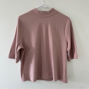 Express Ribbed Mock Neck Short Sleeve Top - Mauve Pink
